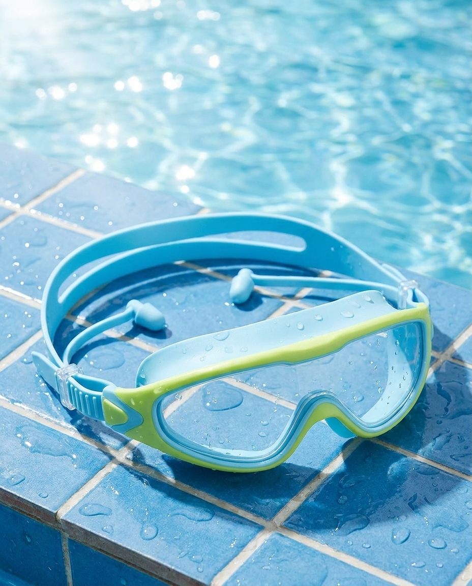 Gafas azul y verde en el borde de la piscina