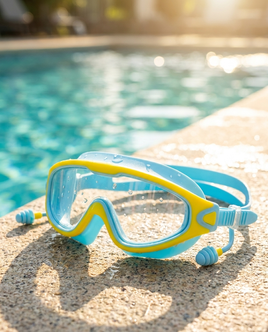Gafas azul y amarillo junto a la piscina
