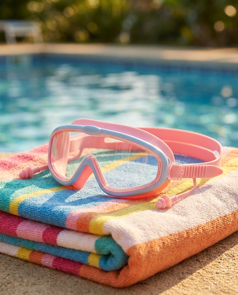 Gafas rosa sobre toalla de piscina