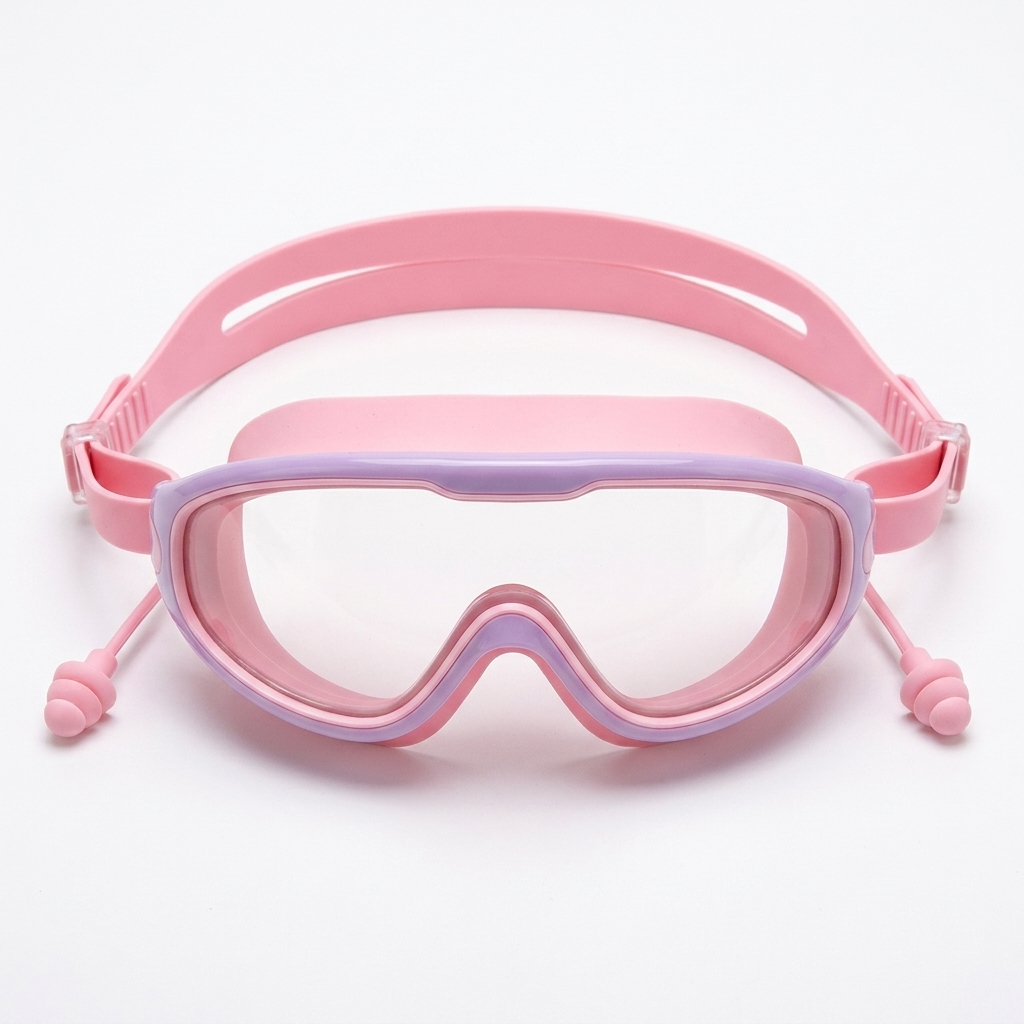 Gafas natacion ninos rosa lila con tapones - vista frontal